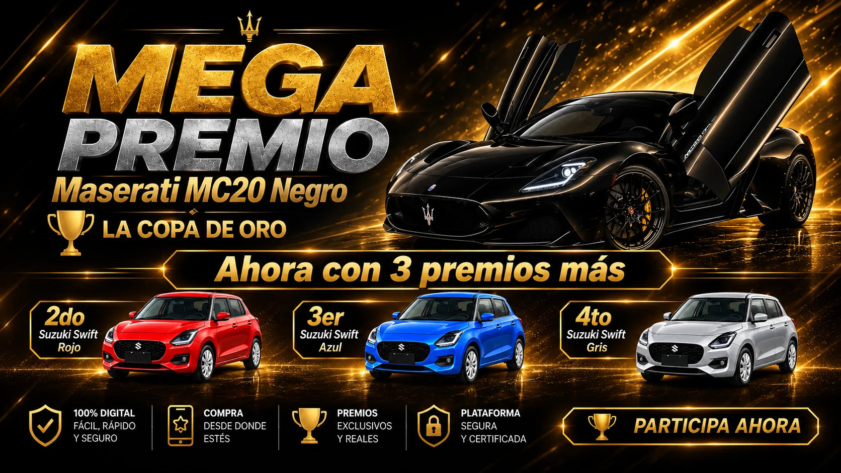Mega Premio Maserati MC20 Negro, ahora con 3 premios más: Suzuki Swift rojo, azul y gris